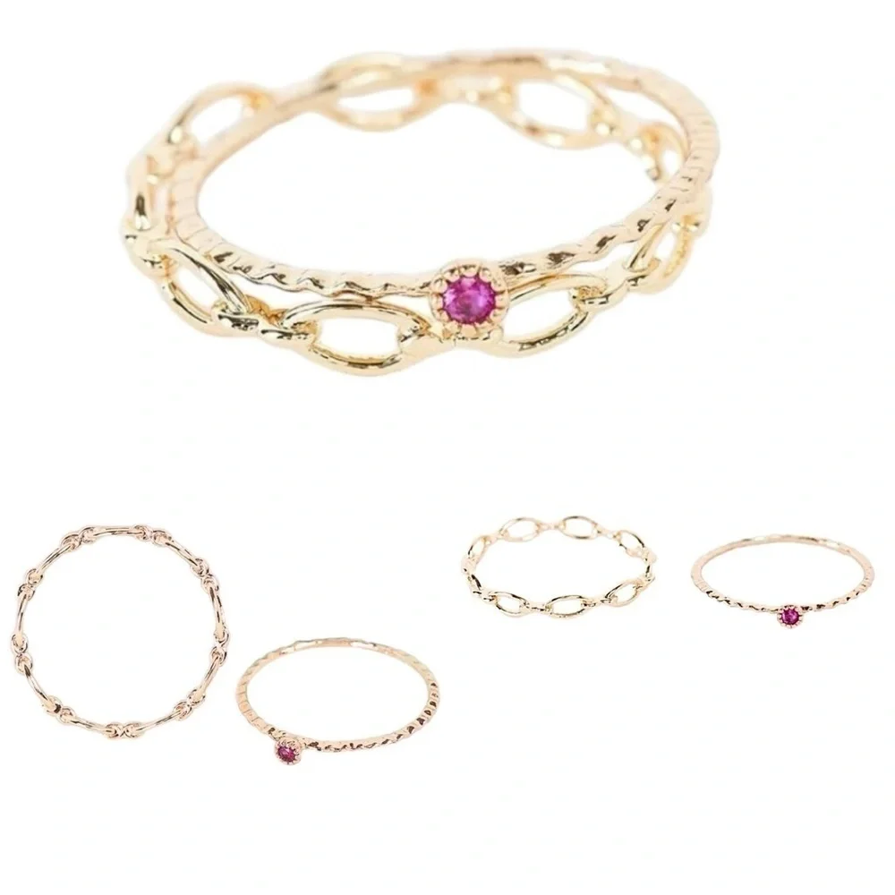 Gold Tone Delicate Chain Link Ring & Pink Garnet Colored Gemstone Ring Sz 7 New